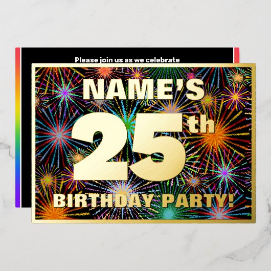 25th Birthday Party —おもしろい、カラフルFireworks Look 箔招待状 (正面/裏面)