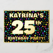 25th Birthday Party —おもしろい、スターカラフルズ・パターン 箔招待状 (正面)