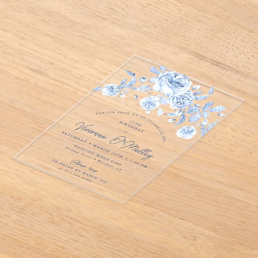 25th Birthday Party Dusty Blue Floral アクリル招待状 (レイダウン)