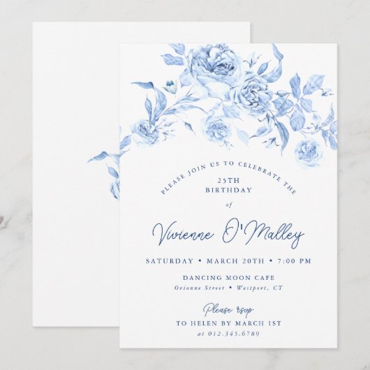 25th Birthday Party Dusty Blue Floral 招待状 (正面/裏面)