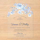 25th Birthday Party Dusty Blue Rose Floral Arch アクリル招待状 (正面)