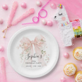 25th Birthday Party Pink Bow with Roses Custom ペーパープレート (パーティー)