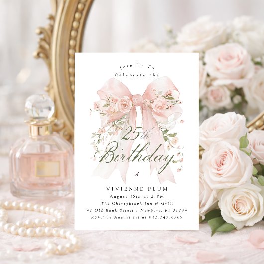 25th Birthday Party Pink Coquette Bow Rose Floral 招待状