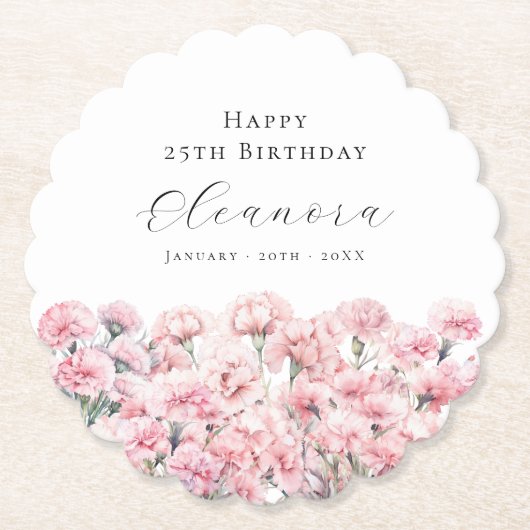 25th Birthday Pink Carnation January Birth Flower ペーパーコースター (正面)