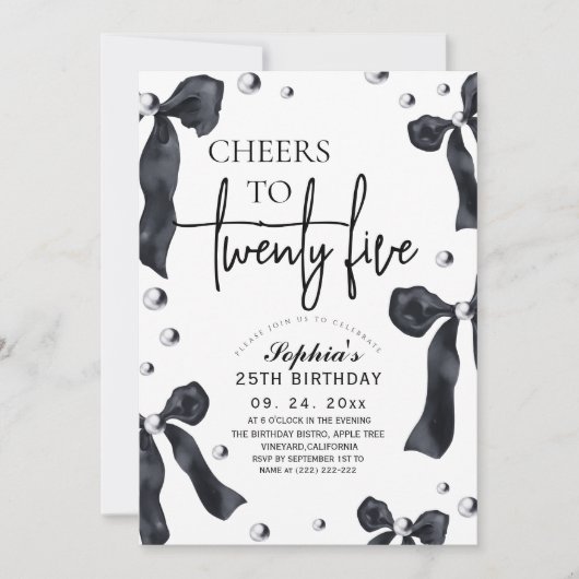 25th Black White Bow Birthday Party 招待状 (正面)