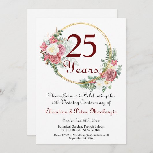 25th Silverの記念結婚バラ金ゴールド枠 招待状 (正面/裏面)