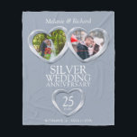 25th silver anniversary今そして写真ハート フリースブランケット<br><div class="desc">25年シルバ結婚ーの周年記念ブランケット。液体金属の銀の2つのハート効果写真テンプレートの結婚記念写真と文字テンプレート。自分カスタマイズのカップルの名前と日付と今の写真結婚の2枚。25周年の年は伝統的に銀と関連付けられている毛布は銀ではなく、色は銀の灰色。現読在Melanie & Richard Silver結婚の25年に加え、あなたの記念日と年。Sarah Trettによって独自に設計されたwww.mylittleeden.com on zazzle.</div>