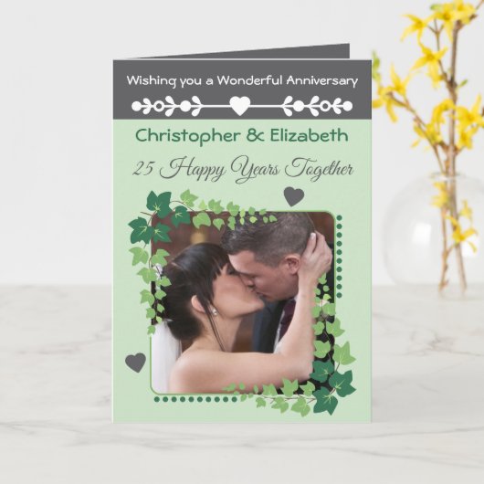 25th Silver Anniversary photo green grey カード (黄色い花)
