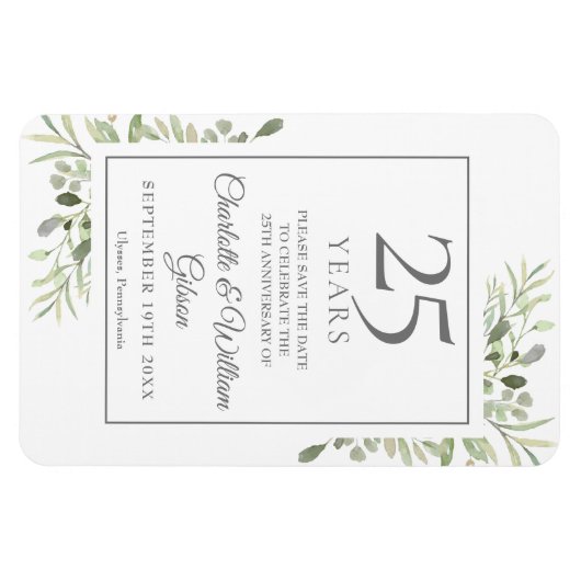 25th Silver Anniversary Save the Date Greenery マグネット (横)