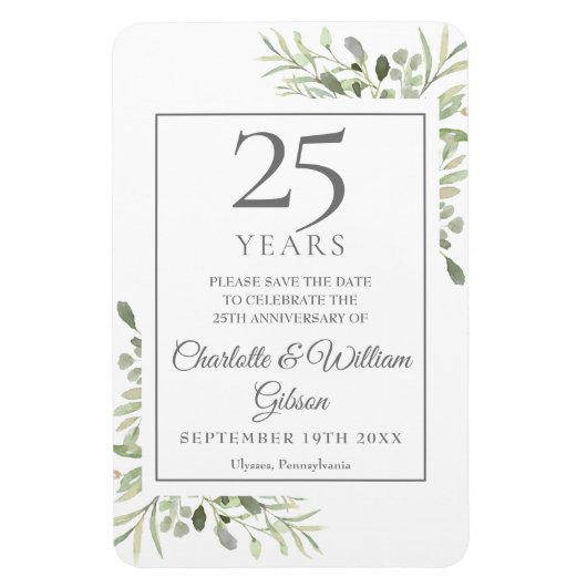 25th Silver Anniversary Save the Date Greenery マグネット (縦)