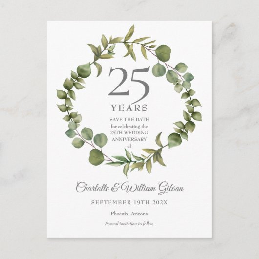 25th Silver Anniversary Save the Date Greenery 案内ポストカード (正面)