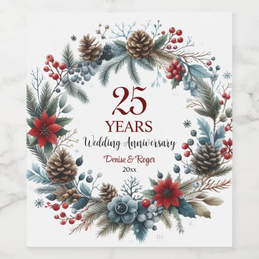 25th Silver Wedding Anniversary Elegant Winter ワインラベル (シングルラベル)