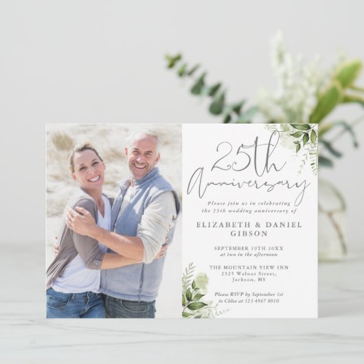 25th Wedding Anniversary Floral Silver Photo 招待状 (スタンド正面)