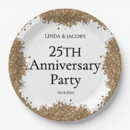 25th Wedding Anniversary Gold Faux Glitter  ペーパープレート