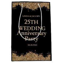25th Wedding Anniversary Gold Faux Glitter  ミディアムペーパーバッグ