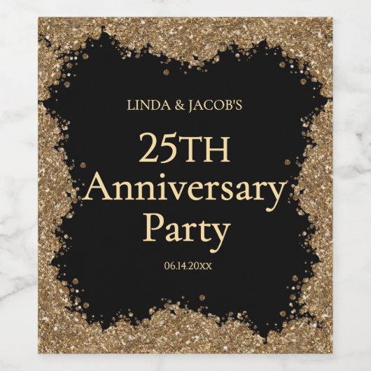 25th Wedding Anniversary Gold Faux Glitter ワインラベル (シングルラベル)