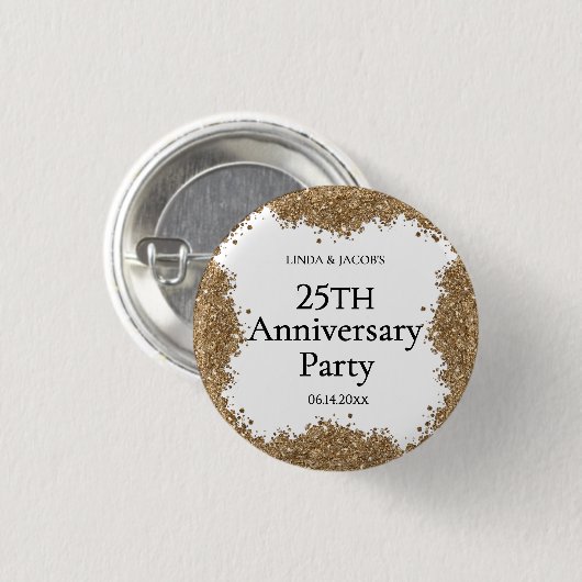 25th Wedding Anniversary Gold Faux Glitter  缶バッジ (正面&裏面)