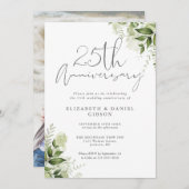 25th Wedding Anniversary Greenery Floral Photo 招待状 (正面/裏面)