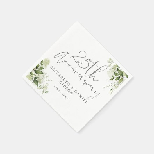 25th Wedding Anniversary Greenery Silver Script スタンダードカクテルナプキン (角)