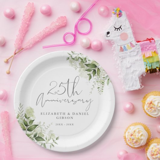 25th Wedding Anniversary Greenery Silver Script ペーパープレート (パーティー)