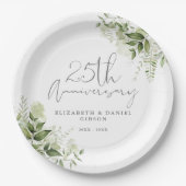 25th Wedding Anniversary Greenery Silver Script ペーパープレート (正面)