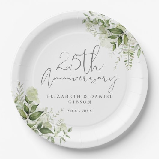 25th Wedding Anniversary Greenery Silver Script ペーパープレート (正面)