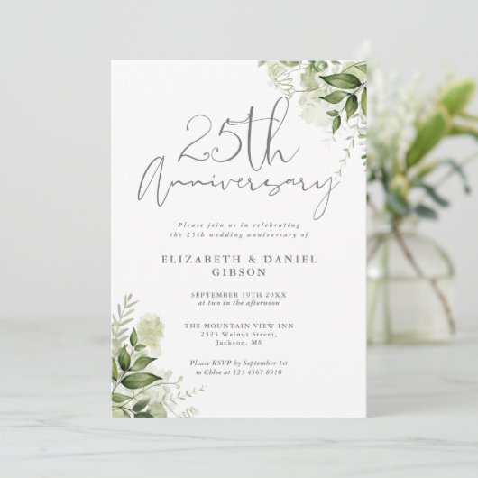 25th Wedding Anniversary Greenery Silver Script 招待状 (スタンド正面)