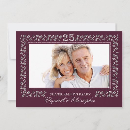 25th Wedding Anniversary Plum Silver Photo 招待状 (正面)