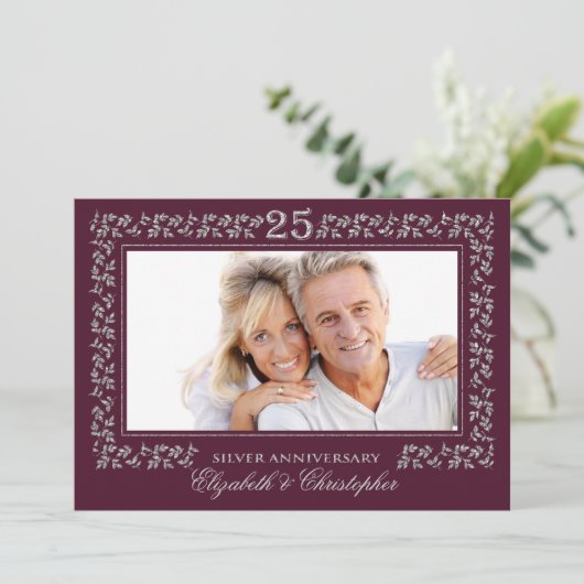 25th Wedding Anniversary Plum Silver Photo 招待状 (スタンド正面)