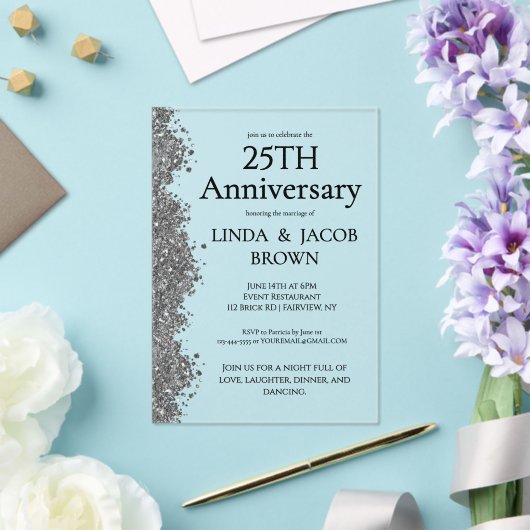 25th Wedding Anniversary Silver Faux Glitter  アクリル招待状 (インサイチュ (ウェディング))