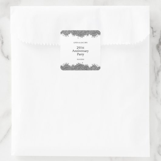 25th Wedding Anniversary Silver Faux Glitter スクエアシール (バッグ)