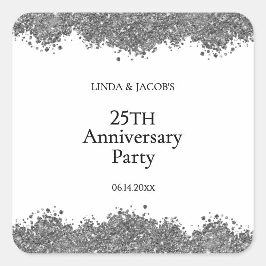 25th Wedding Anniversary Silver Faux Glitter  スクエアシール (正面)