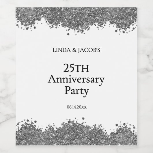 25th Wedding Anniversary Silver Faux Glitter ワインラベル (シングルラベル)
