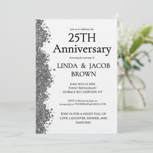 25th Wedding Anniversary Silver Faux Glitter  招待状 (スタンド正面)