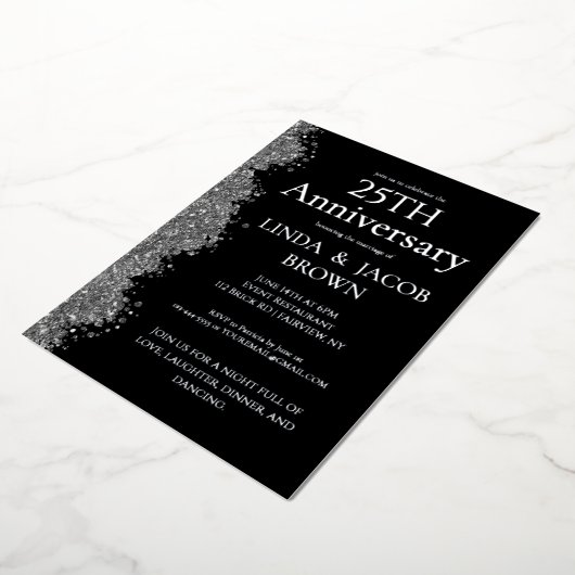 25th Wedding Anniversary Silver Faux Glitter  箔招待状 (回転した状態)