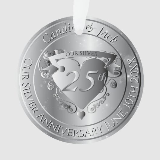 25th Wedding Anniversary Silvery Heart オーナメント (正面)