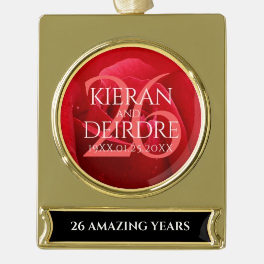 26エレガントバラ結婚記念日お祝い ゴールドプレートバナーオーナメント (正面)