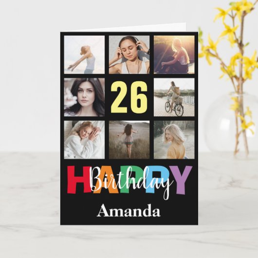 26ハッピーバースデーフォトコラージュブモダンラック カード (黄色い花)