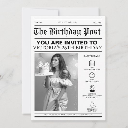 26ユニークth Birthday party新聞表紙の写真 招待状 (正面)