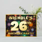 26歳の誕生日パーティー — 楽しい、カラフルな花火のデザイン 箔招待状 (立ち正面)