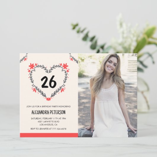 26歳の誕生日招待状のフローラハート 招待状 (スタンド正面)