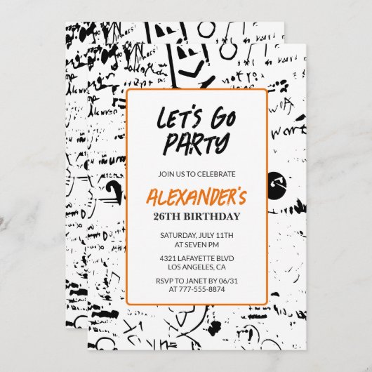 26歳の誕生日招待状メンズグラフィティグランジ 招待状 (正面/裏面)