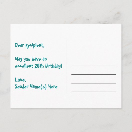 26歳の誕生日:ピンクのストライプとハート、レインボー26 ポストカード (裏面)