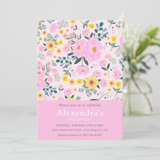 26歳エレガントの誕生日招待状フローラシックなピンク 招待状 (スタンド正面)