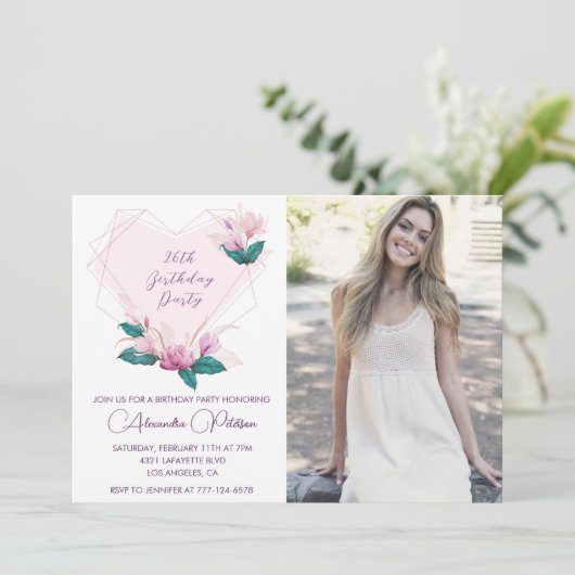 26歳エレガントの誕生日招待状フローラ写真 招待状 (スタンド正面)