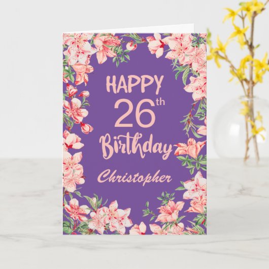 26誕生日パープルピンクピーチウォーターフローラ カード (黄色い花)