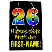 26誕生日:おもしろいはっきりした、カラフルレインボー「26」 ミディアムペーパーバッグ (正面)