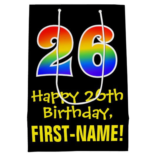 26誕生日:おもしろいはっきりした、カラフルレインボー「26」 ミディアムペーパーバッグ (裏面)