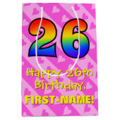 26誕生日:おもしろいピンクハートストライプ、レインボー26 ミディアムペーパーバッグ (正面)