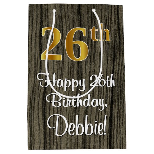 26誕生日:エレガントフェイク金ゴールドルック#,フェイク Wood ミディアムペーパーバッグ (正面)